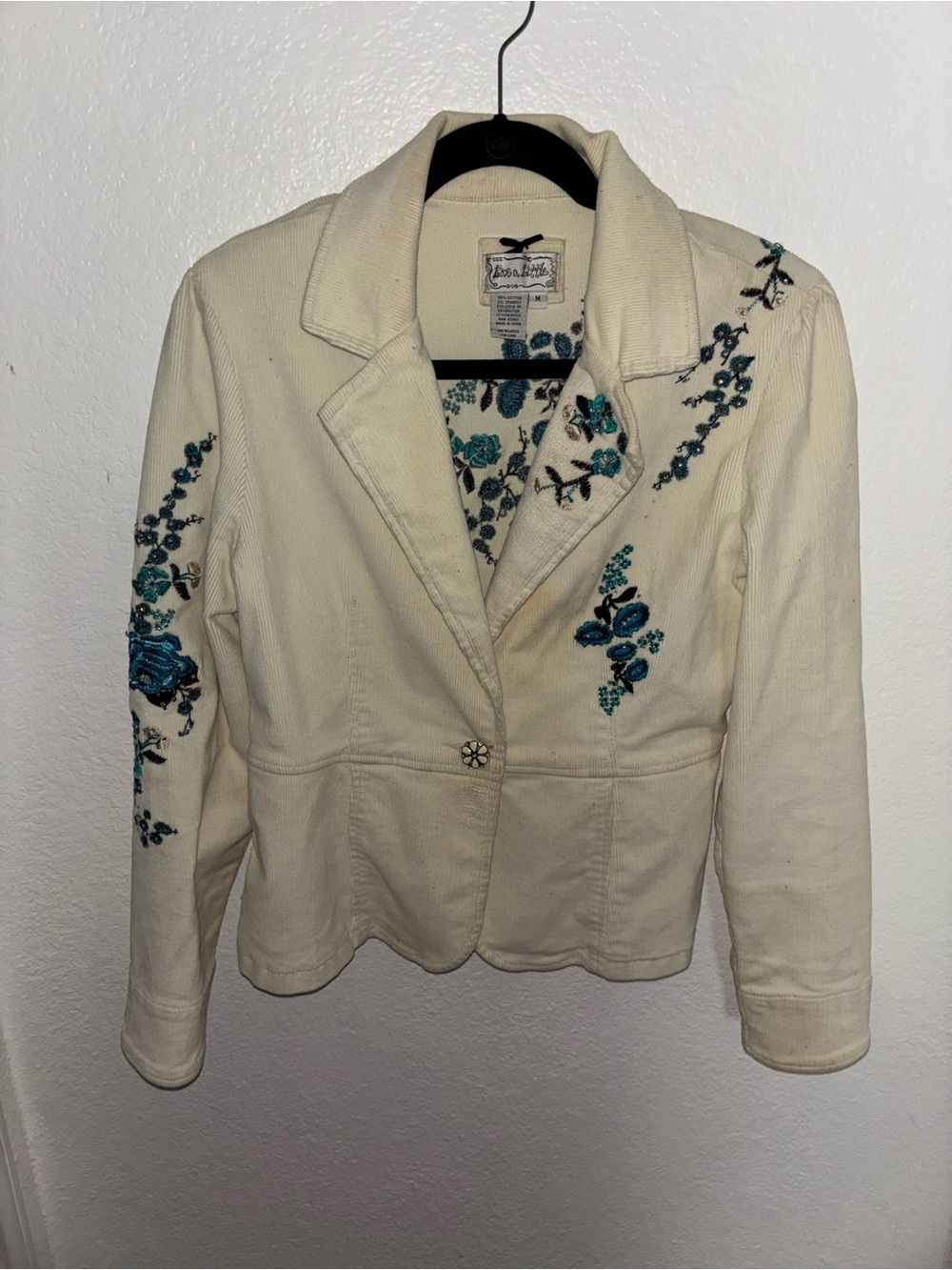 Vintage Floral Embroidered Cream Women's Cotton Blazer Jacket